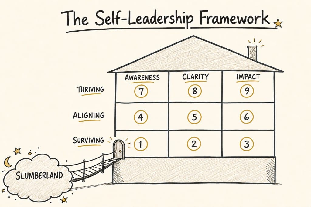 The Self-Leadership Framework: a house with nine rooms from surviving to thriving, across awareness, clarity and impact, reached by a bridge from Slumberland