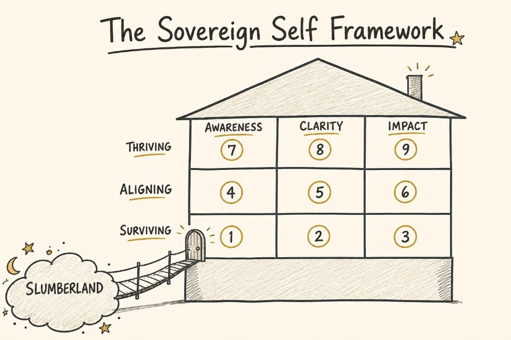 The Sovereign Self Framework: a house with nine rooms from surviving to thriving, across awareness, clarity and impact, reached by a bridge from Slumberland